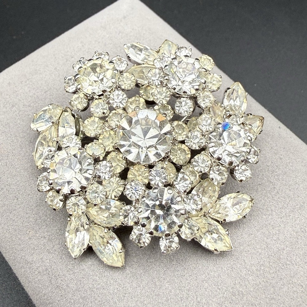 Vintage Austrian Crystal Cluster Brooch Mid Century Rhinestone Flower Pin Bridal